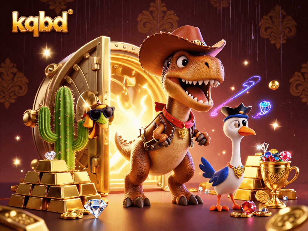Betting on kqbd with animated cowboy dinosaur characters and a treasure-filled casino scene.