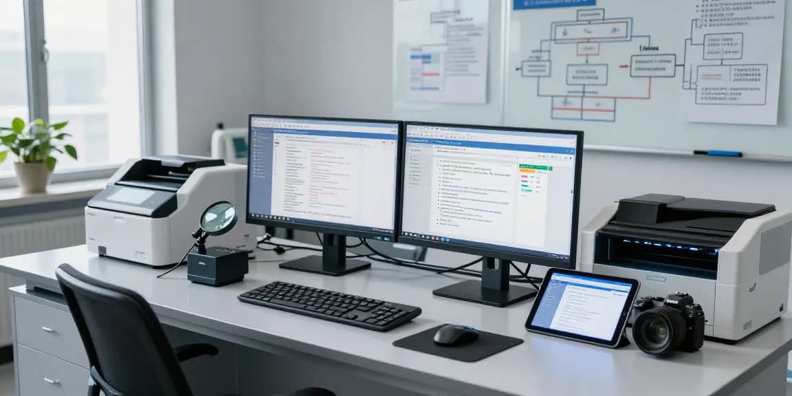 Document fraud detection analysis in a high-tech lab with dual monitors and forensic tools.