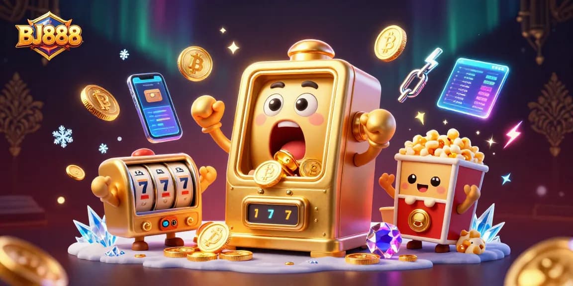 Experience the excitement of BJ888 as a golden slot machine wins a jackpot with coins flying around.