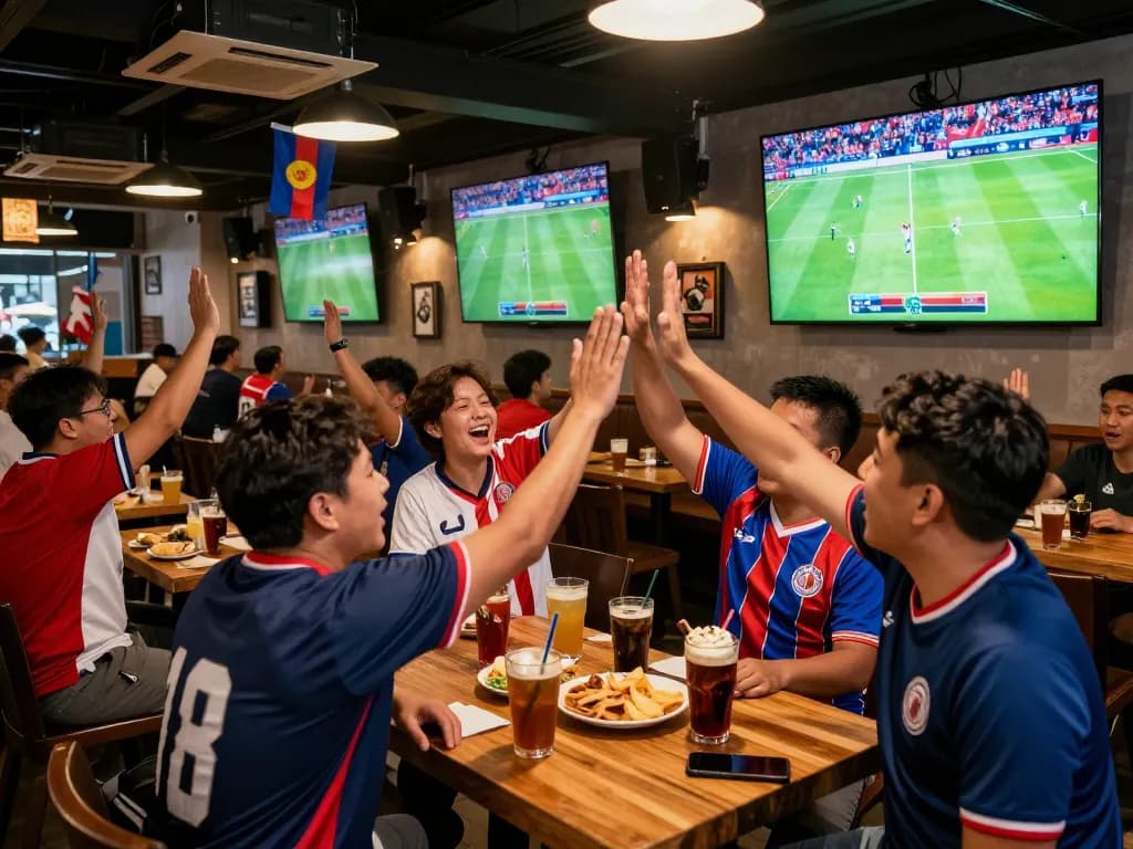 Cá độ bóng đá scene in a lively sports bar with fans cheering during a match.