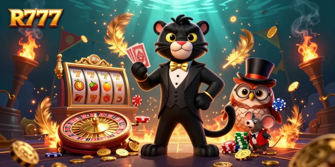 Win big at R777 with a vibrant casino scene featuring iconic gaming characters and dynamic action elements.