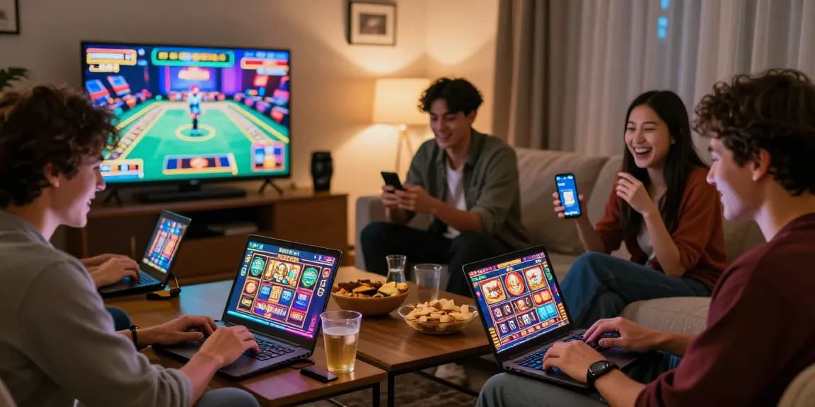 Gambaran suasana bermain mpo007 dengan teman-teman, menikmati permainan slot online di ruang tamu yang nyaman.