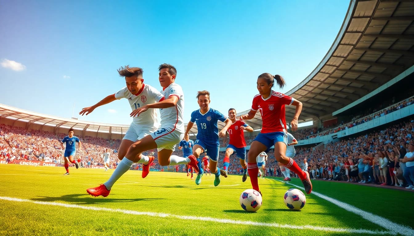 Bóng đá socolive live soccer match action with players and excited spectators in 2026.