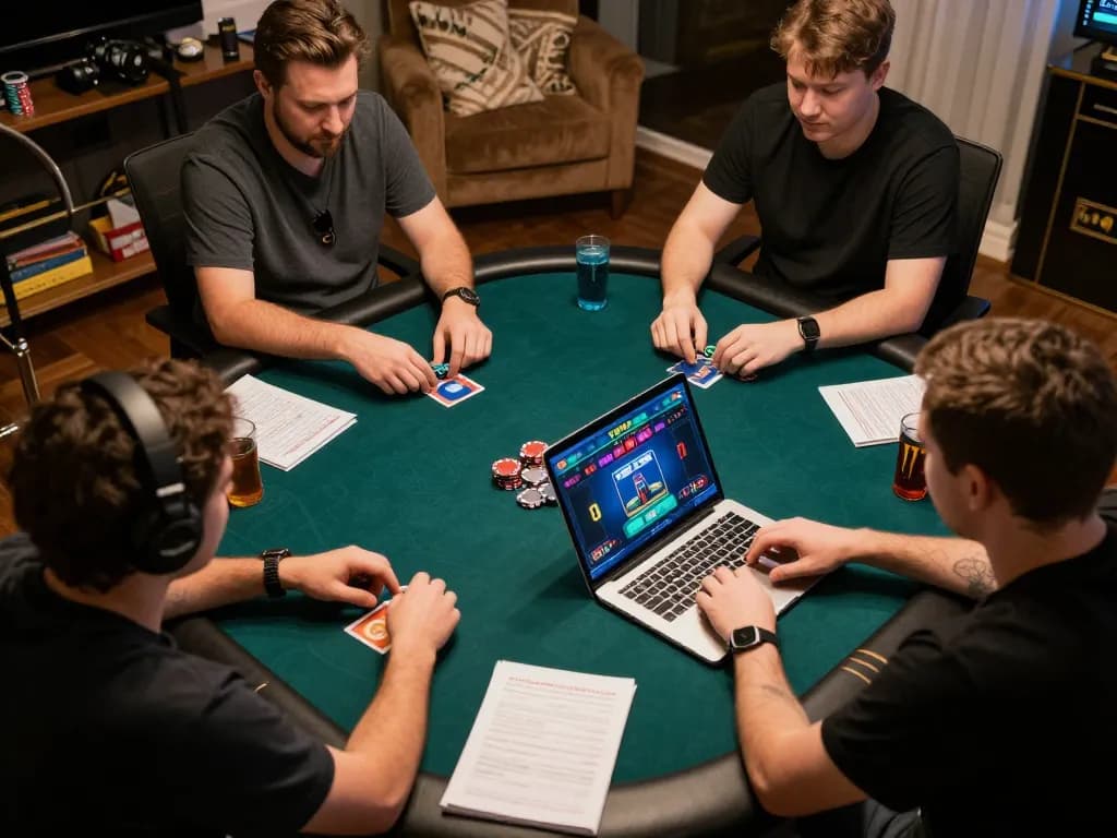 Engaged players enjoying poker at https://123win.click/ with strategy notes and laptops for a thrilling online experience.