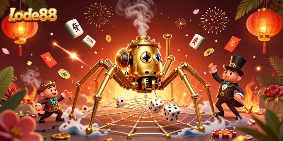 Lode88 spins luck with a steampunk spider and vibrant gaming elements in a thrilling casino scene.