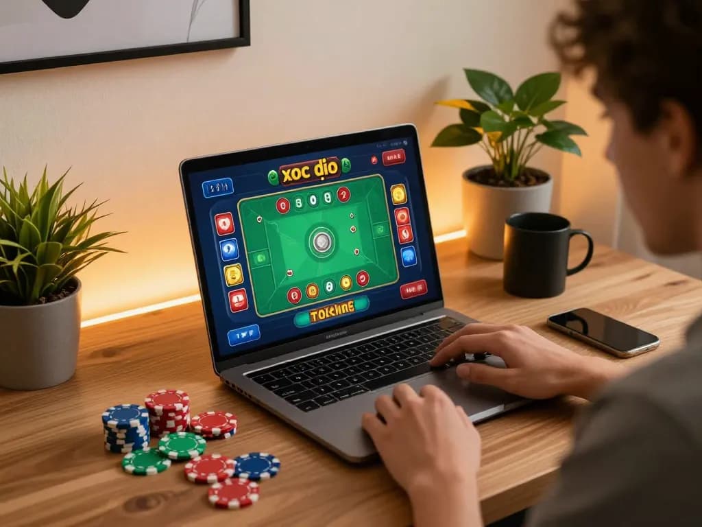 Engaging in xóc đĩa trực tuyến strategy with animated game interface and colorful chips on desk.