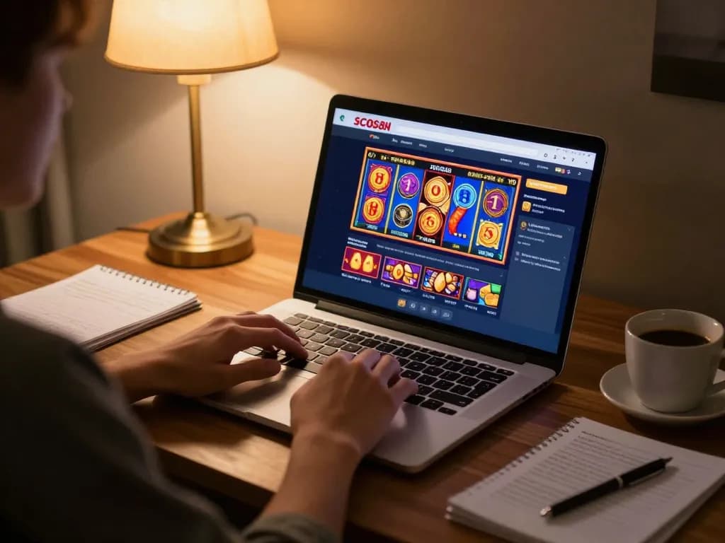 Player enjoying SC88 casino games online on a laptop in a cozy home setting