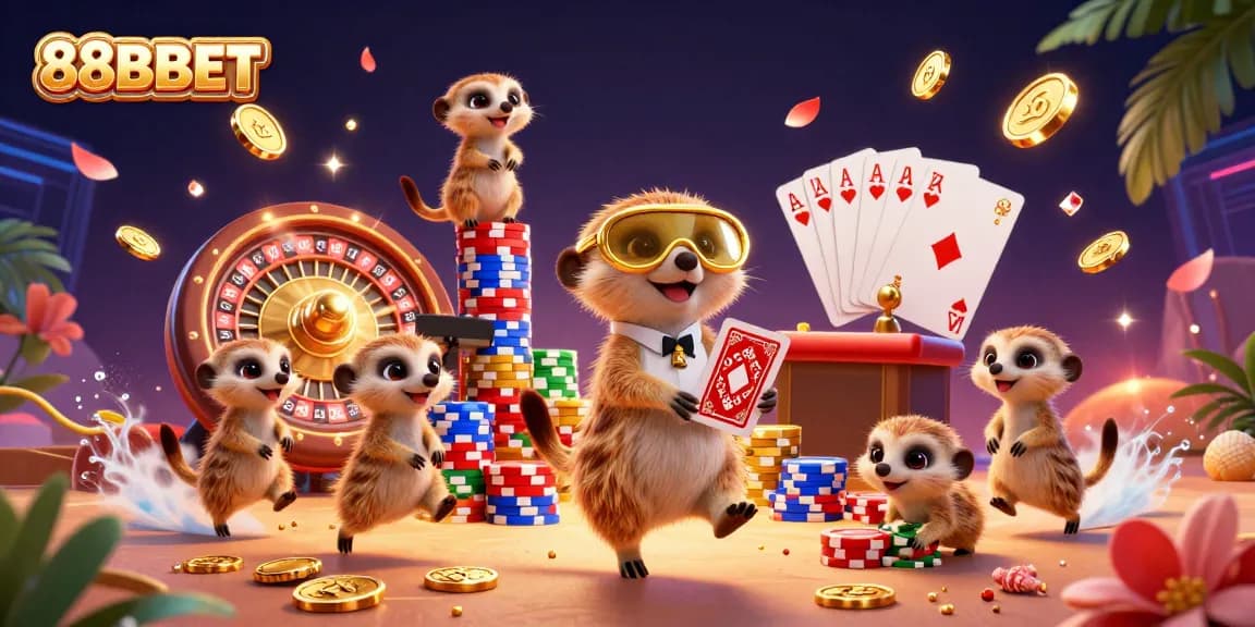 Experience the thrill of 88BBET with cartoon meerkats running a casino operation amidst flying coins and poker chips.
