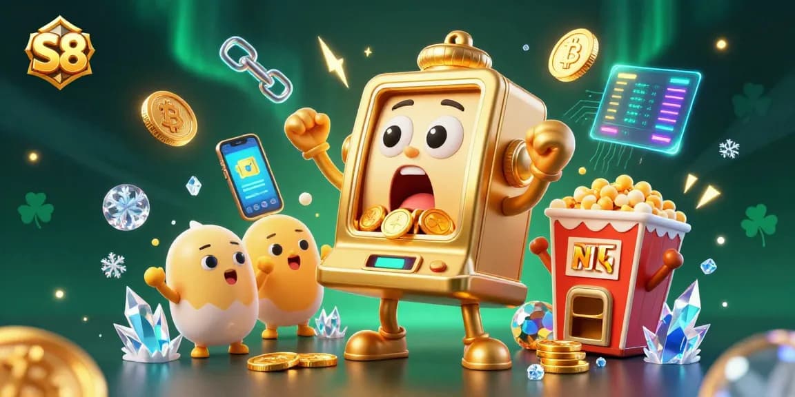 S8 slot machine hitting the jackpot with coins pouring out, cheering baby slots, and crypto elements enriching the scene.