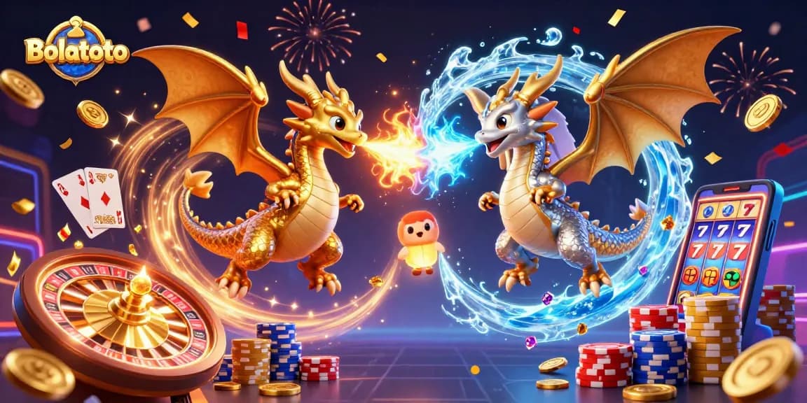 Engage with Bolatoto and witness twin dragons amid vibrant casino games and mystical treasures.