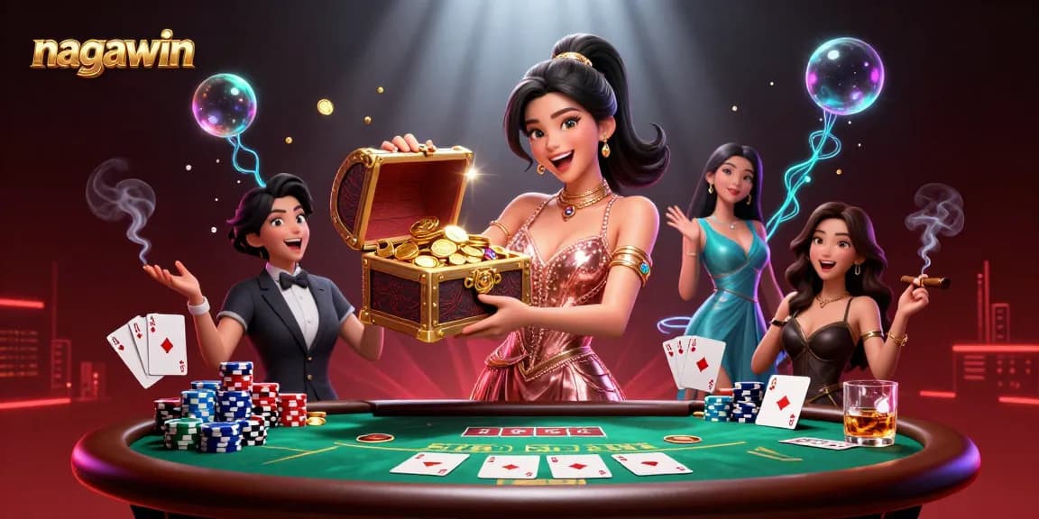 Experience the thrill of nagawin casino with a stunning illustration of treasures and poker excitement.