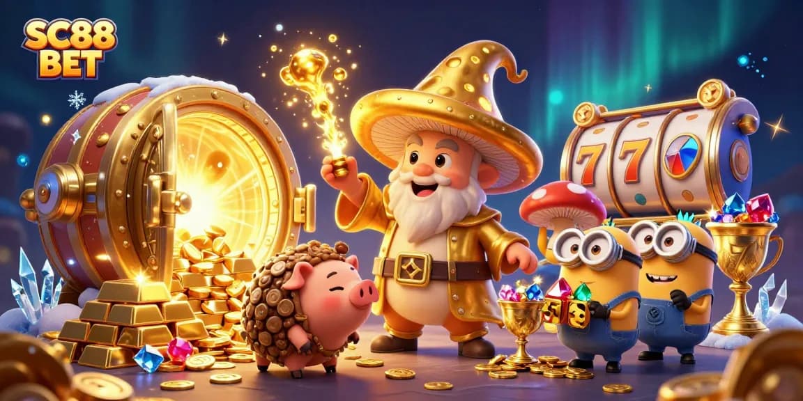 Engage in SC88 BET’s gaming experience with vibrant cartoon characters against a dynamic casino backdrop.