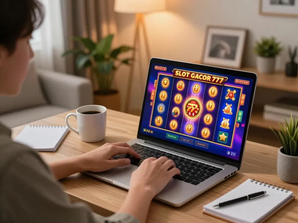 SLOT GACOR 777 gaming scene showing a player engaged with online slot game on laptop.