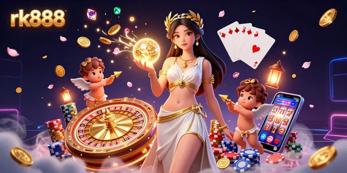 Experience the excitement of rk888 in this vibrant online casino scene with floating jackpots and lively characters.