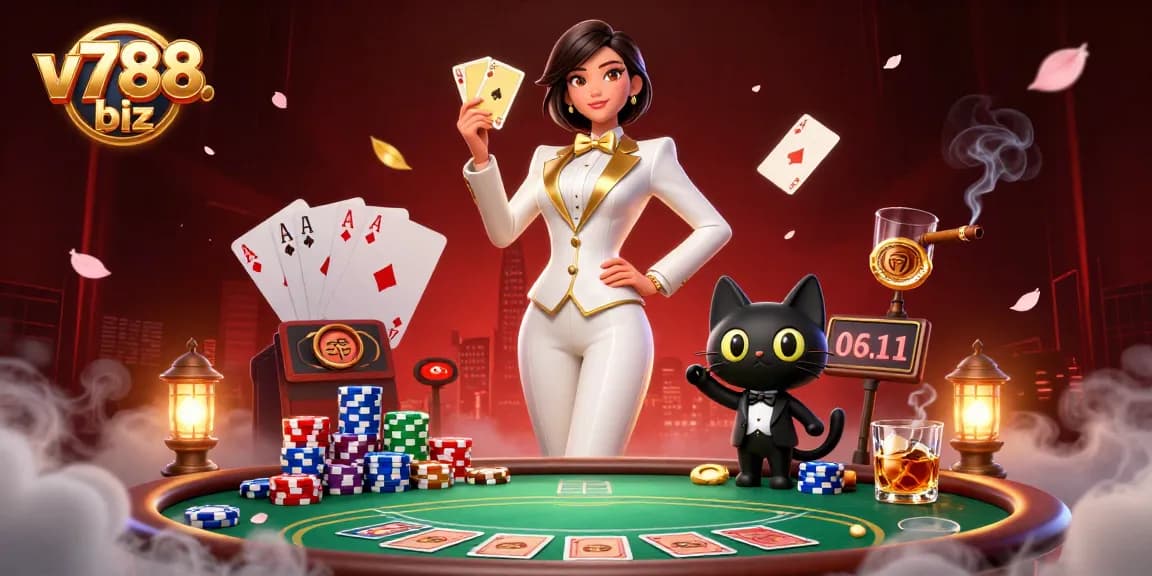 Experience thrilling casino action at v788 biz with a glamorous woman shuffling cards surrounded by poker chips.