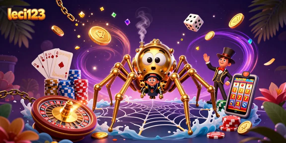 Experience leci123 as the golden spider weaves a gambling web in this vibrant 3D illustration.