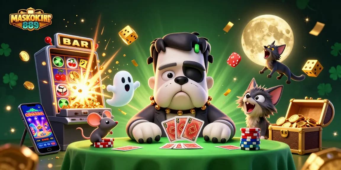 Experience thrilling gameplay with MASKOKI889 as the Frankenstein bulldog dealer and live casino elements illuminate the scene.