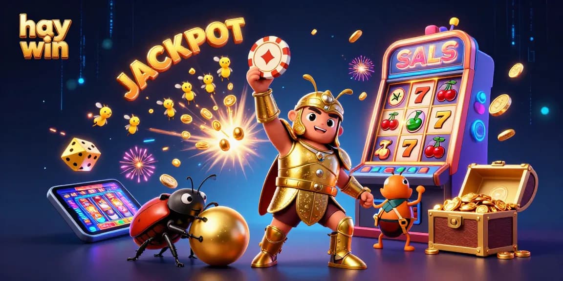 Engage with the hay win experience, featuring a victorious beetle hero celebrating slots and jackpots