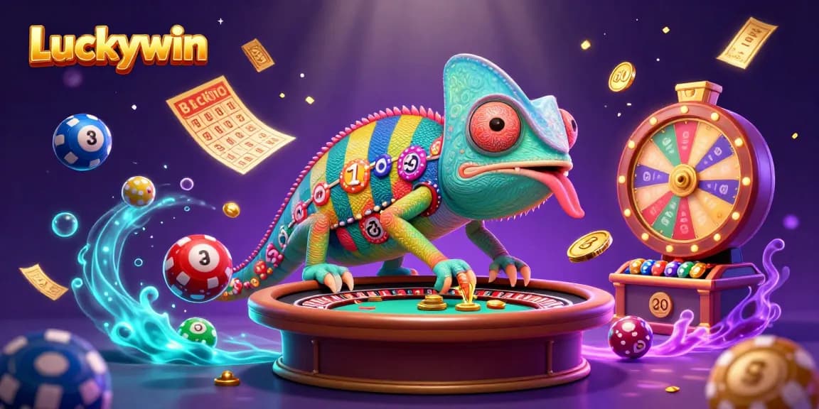 Luckywin chameleon casino owner captures gold coins in vibrant casino scene.