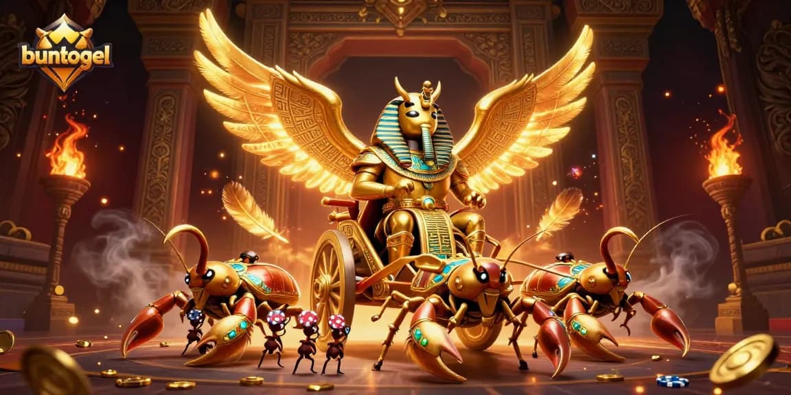 Engage with thrilling action in buntogel, featuring golden beetles, scorpions, and poker chips in a vibrant gambling scene.