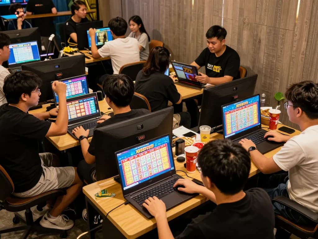 Engaging players in a social setting celebrating their xổ số 789win lottery wins on laptops and tablets