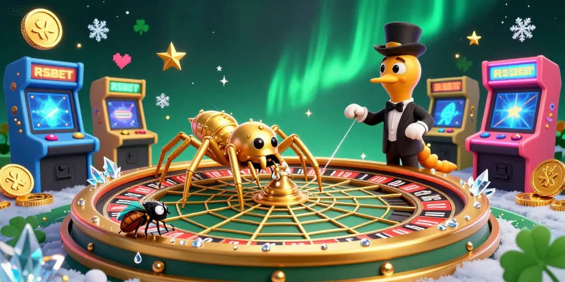 Join RSBET for a thrilling roulette experience, featuring a vibrant spider dealer and colorful game machines.