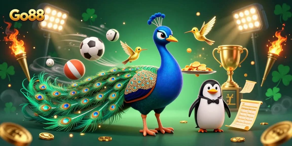 Bet on Go88 with excitement as the colorful peacock and penguin celebrate gaming victory in a dynamic casino scene.