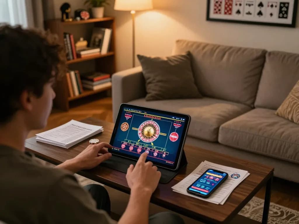 fatfishcantinagrill player engaging in live roulette at home, showcasing strategic gaming setup with tablet and notes