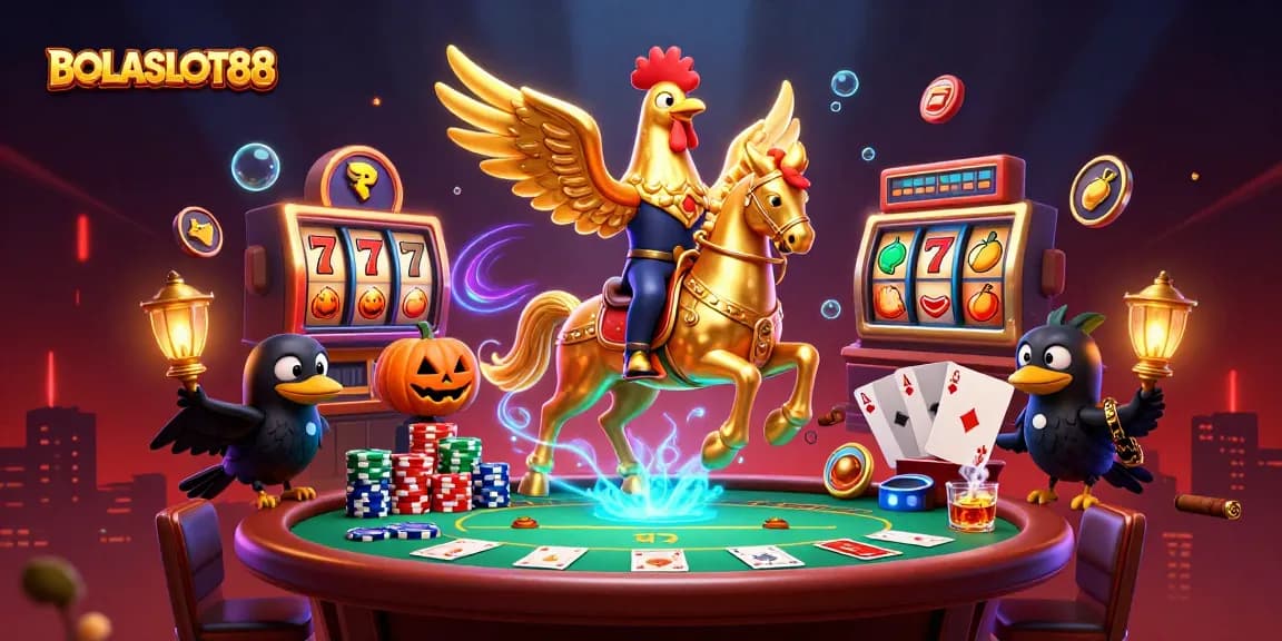 BOLASLOT88 mempersembahkan ilustrasi kasino malam dengan karakter kokornya yang bersinar di tengah suasana gemerlap penuh slot dan poker.