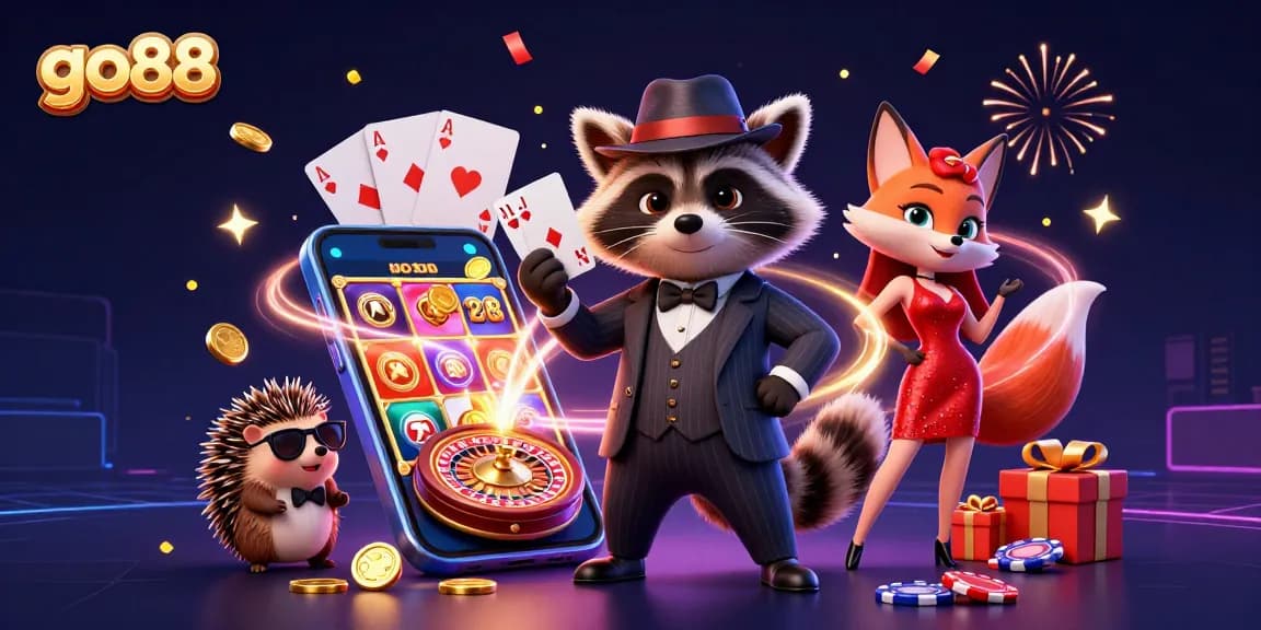 Experience the thrill of go88 with a vibrant illustration of winning characters in a dynamic casino setting.