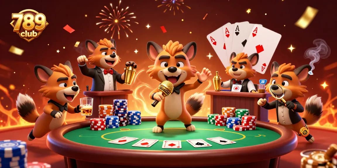 Engage with vibrant 789 club themed casino scene showcasing hyena characters in action.