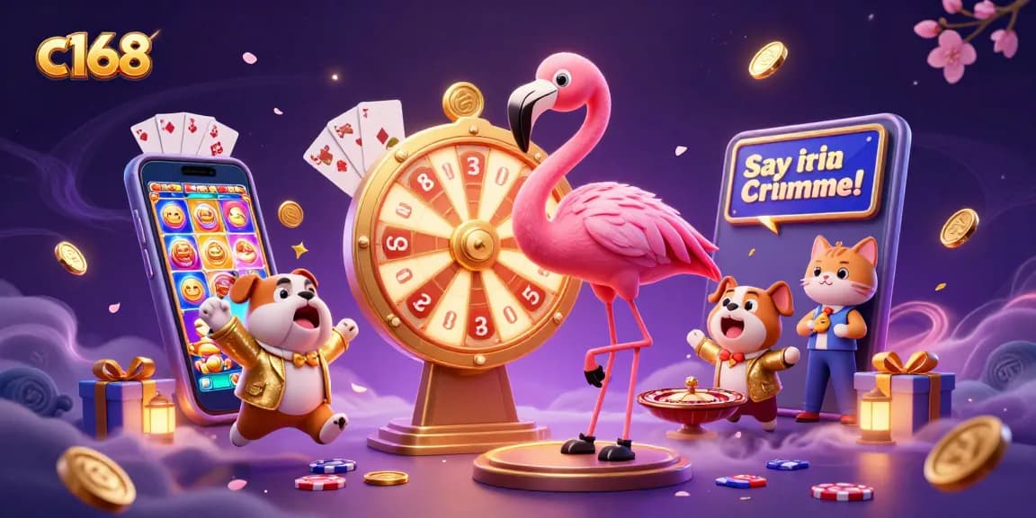 Spin to win with c168, as a flamingo host and bulldog contestant create excitement in a vibrant casino scene.