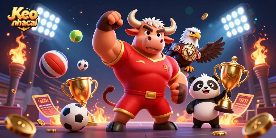 Experience the excitement of Keo nha cai with vibrant sports mascots celebrating wins among dynamic betting elements.