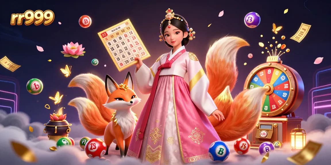 An illustration of lucky nine-tailed fox and graceful woman celebrating winning moments at rr999 casino with colorful lottery balls.