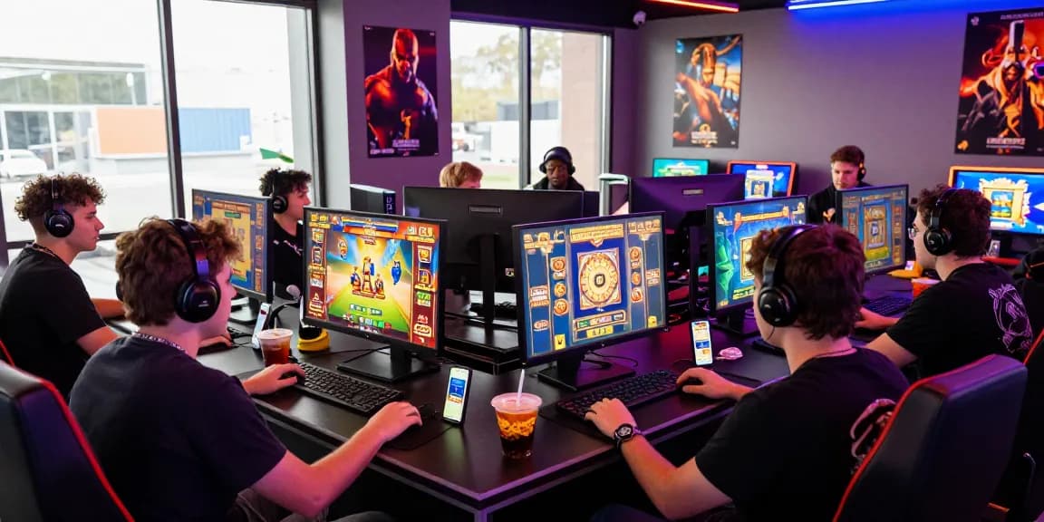 Engaged players enjoying modern slot games in a vibrant gaming lounge.