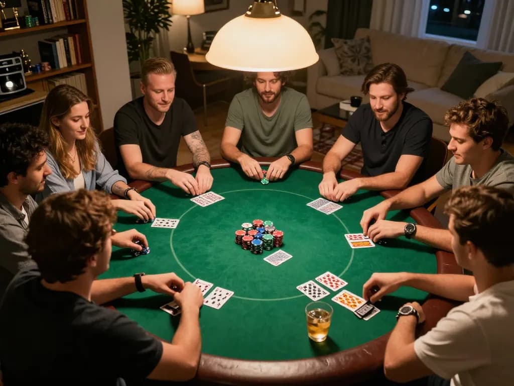 Teman-teman terlibat dalam permainan poker yang mendebarkan di rumah, menampilkan langkah strategis dan tema spaceman dengan tumpukan chip warna-warni.
