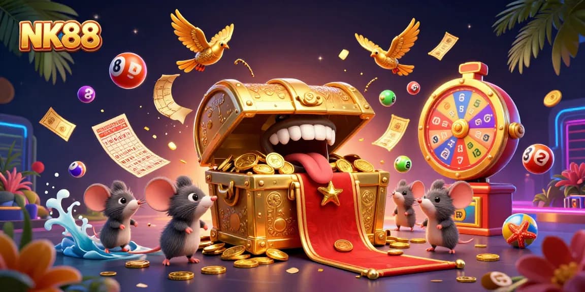 Engage with NK88’s vibrant gaming experience, showcasing a treasure chest and dynamic lottery elements.