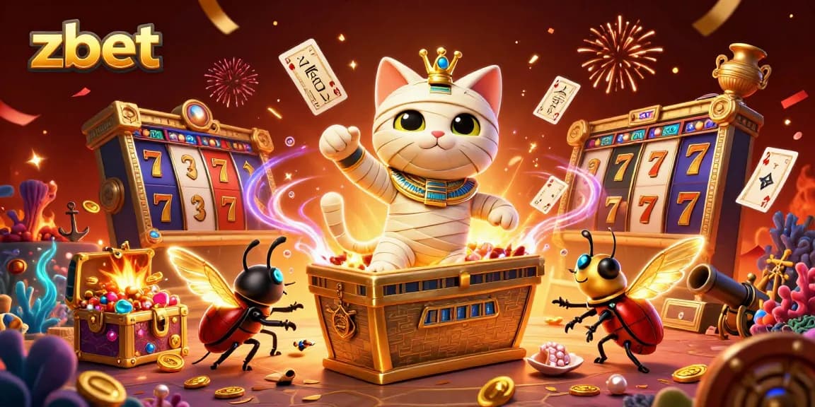 Experience thrilling gameplay with zbet's pyramid casino featuring vibrant slot reels and a mystical mummy cat.