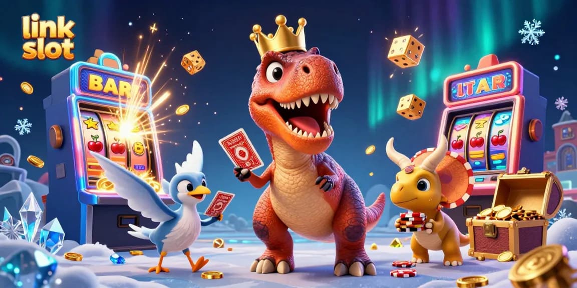 Join the fun at link slot with a lively 3D scene of casino characters, slots, and winning symbols.