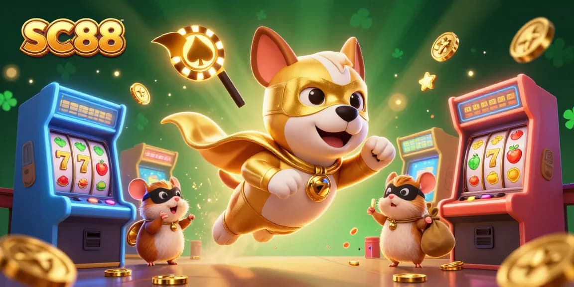 Experience thrilling gameplay at SC88 with a superhero dog and hamster amid casino excitement.
