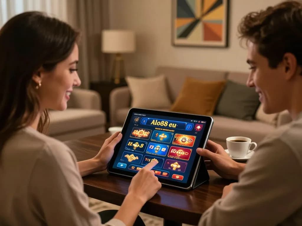 Couple enjoying online gaming on alo88 eu com with stylish tablet in cozy living room.