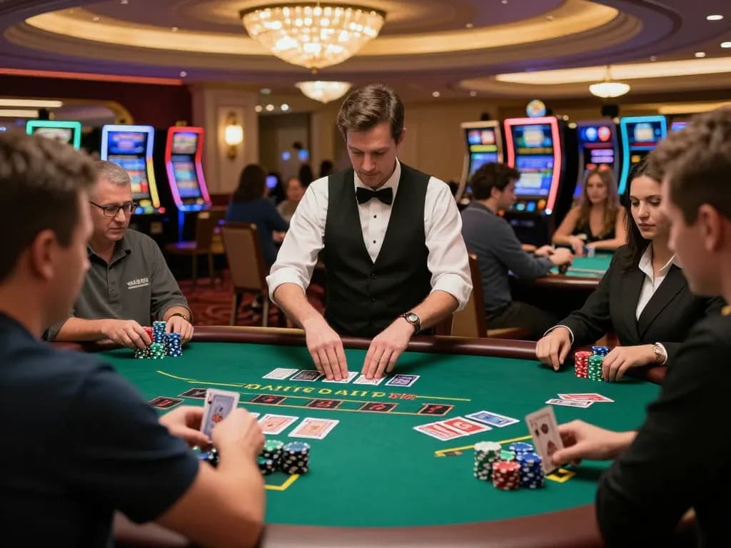 Players at TR88 blackjack table strategizing their bets in an upscale casino environment.
