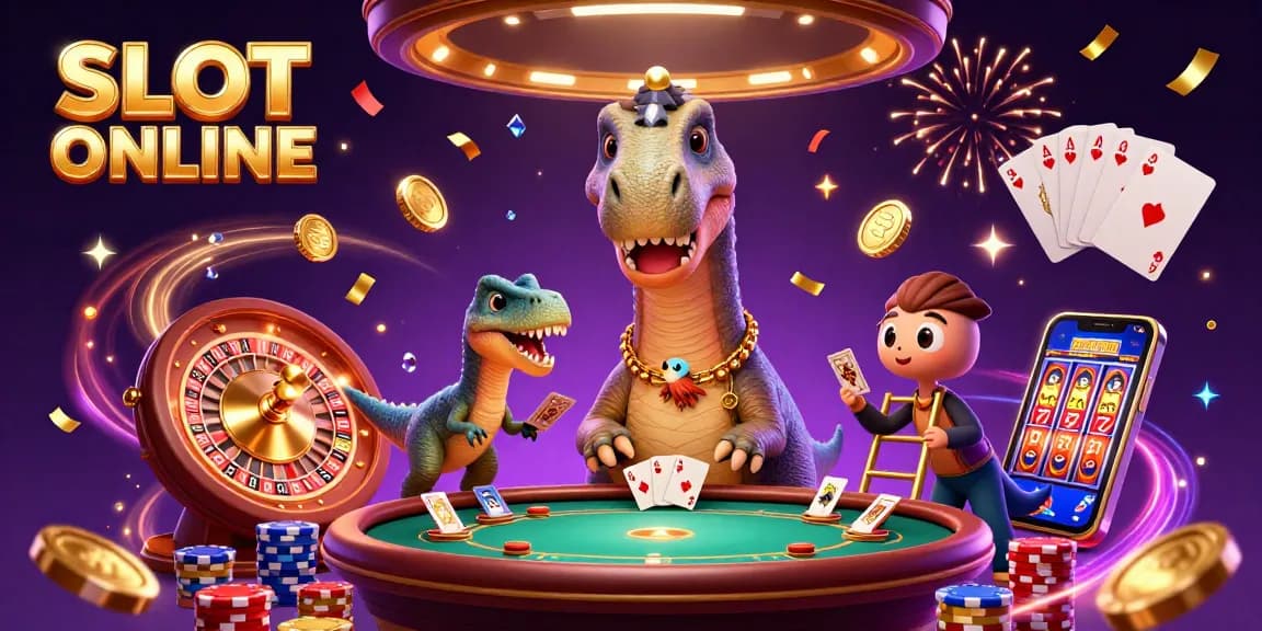 SLOT ONLINE: Enter a vibrant casino scene with a brontosaurus towering above as a clever raptor deals cards.
