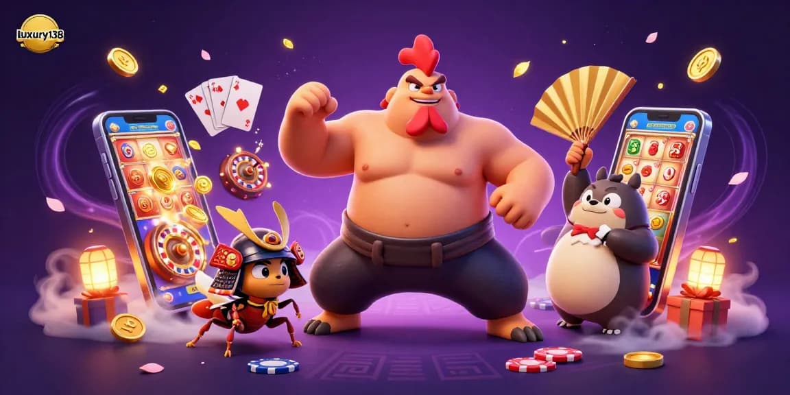 Experience luxury138 with a vibrant 3D casino scene featuring dynamic slot games and engaging characters.