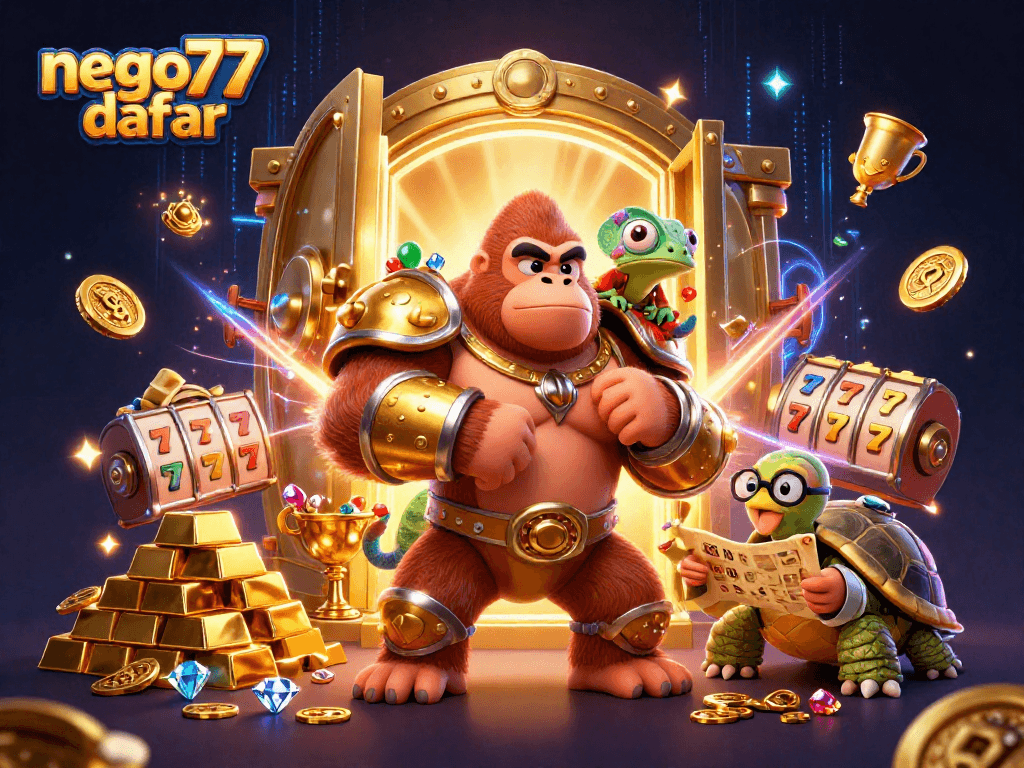 Engage in thrilling slot games with nego77 daftar featuring a mighty gorilla and vibrant casino treasures.