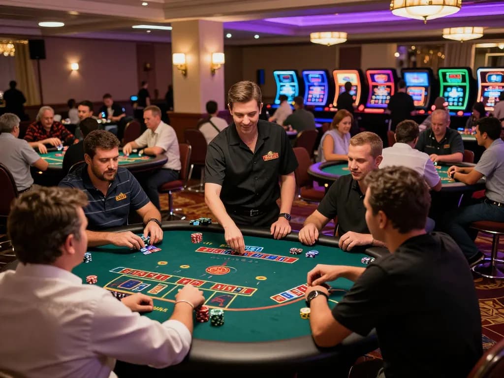 Kuwin players engaged in lively poker game at an upscale casino, colorful environment.
