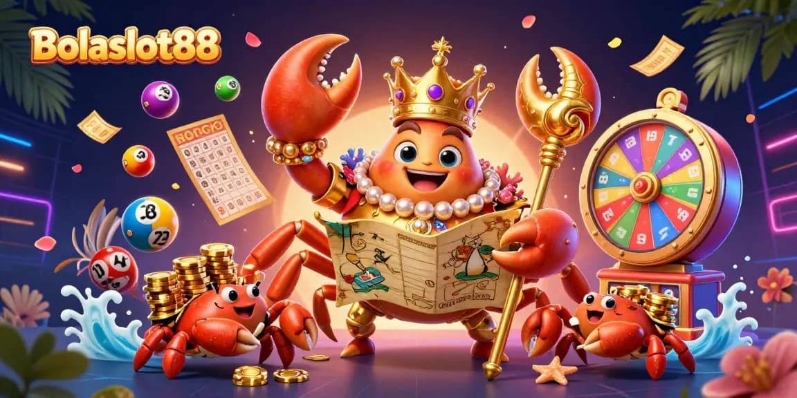 Bolaslot88 iconic scene featuring a golden crab emperor alongside vibrant casino elements, highlighting a dynamic gambling atmosphere.