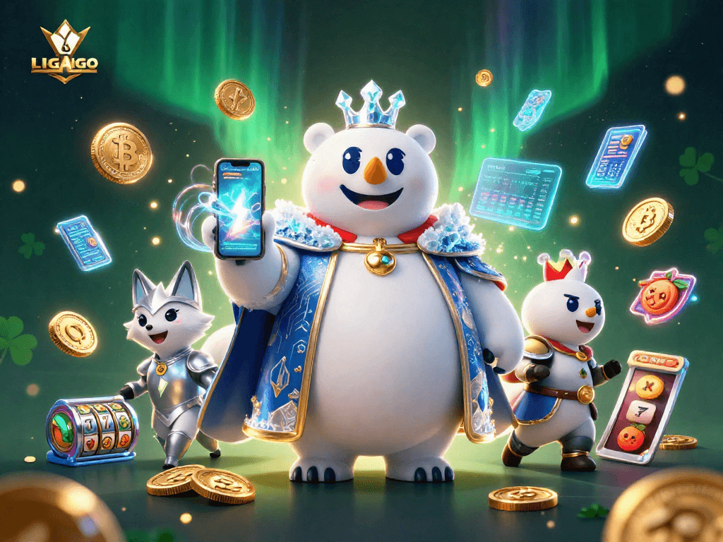 LIGALGO showcases an exciting 3D scene with a polar bear king and a fox amidst vibrant casino symbols illustrating winning strategies.