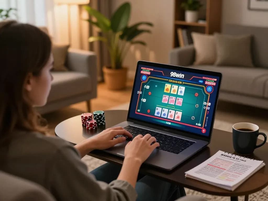 Engaging moment of a player using 98WIN for online casino gaming, showcasing live dealer tables and strategic betting.