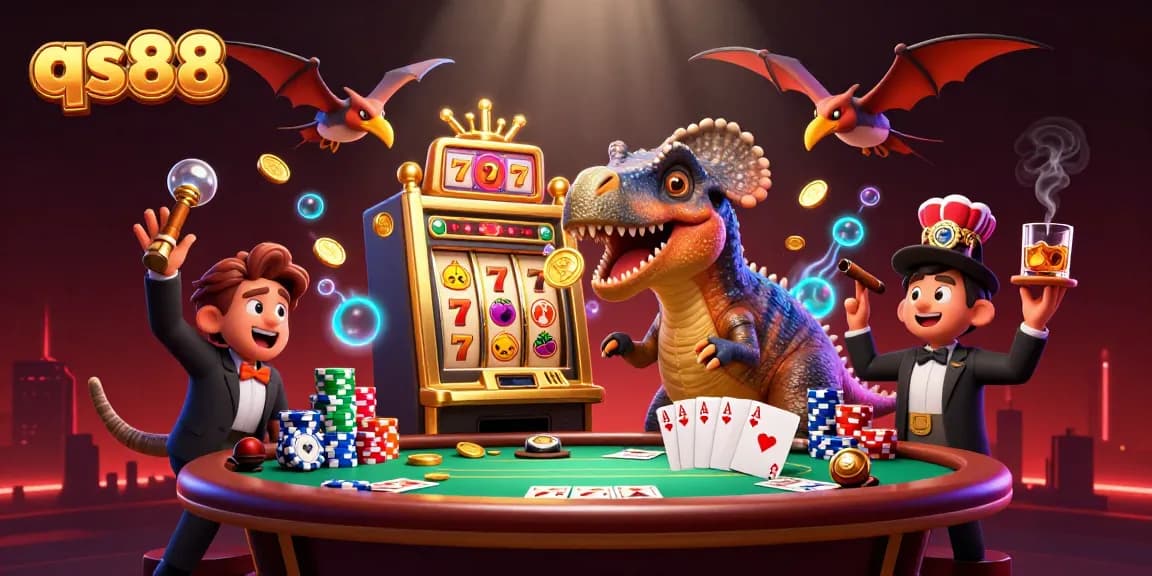 qs88 showcases a dinosaur-themed casino scene with dynamic slot action and playful elements.